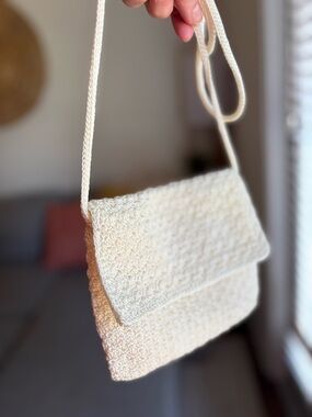 The Sak Vintage 90s Cream Woven Fabric Mini Crossbody Bag Crochet Purse Boho